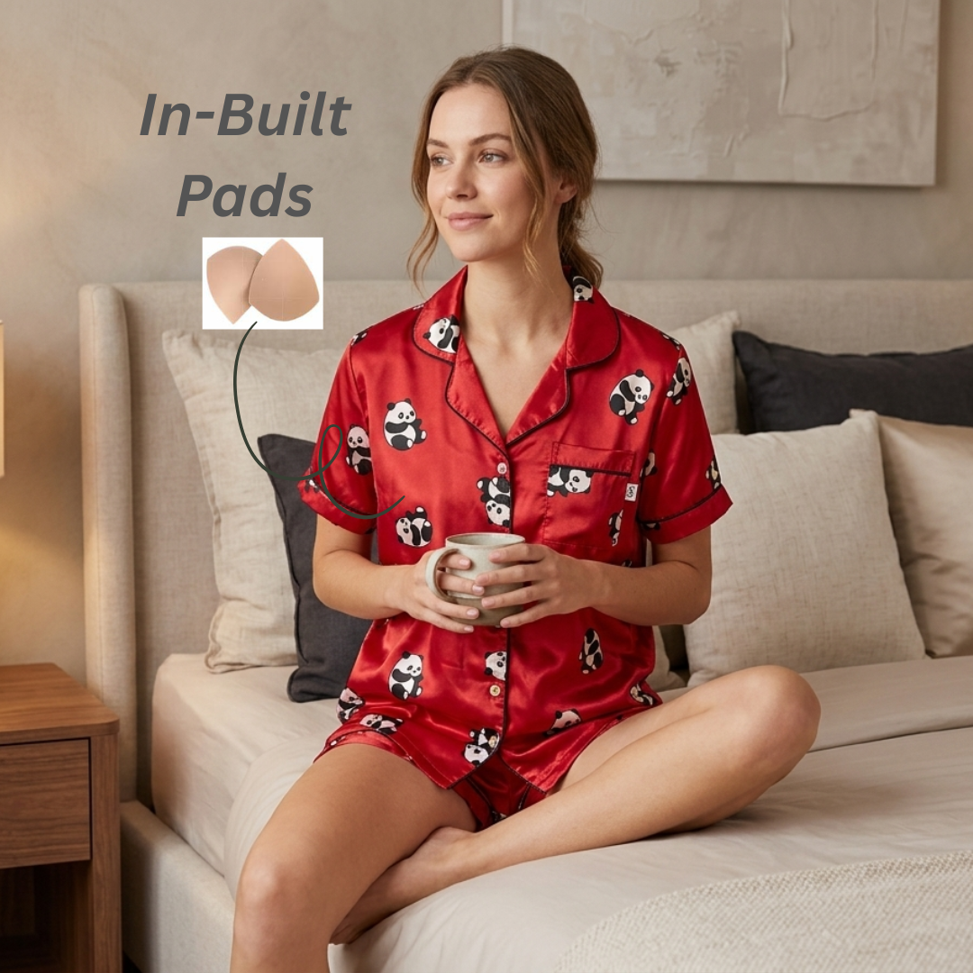 Red Korean Style Chest Padded Nightsuit for Women | In-Built Pads | Soft Satin Feel | Panda Print | Half Sleeve Shirt & Shorts Co-ord Sleepwear