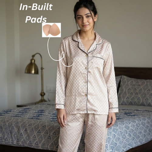 Beige Padded Pajama Set with In-Built Pads