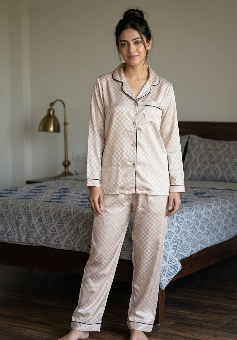 Beige Padded Pajama Set with In-Built Pads