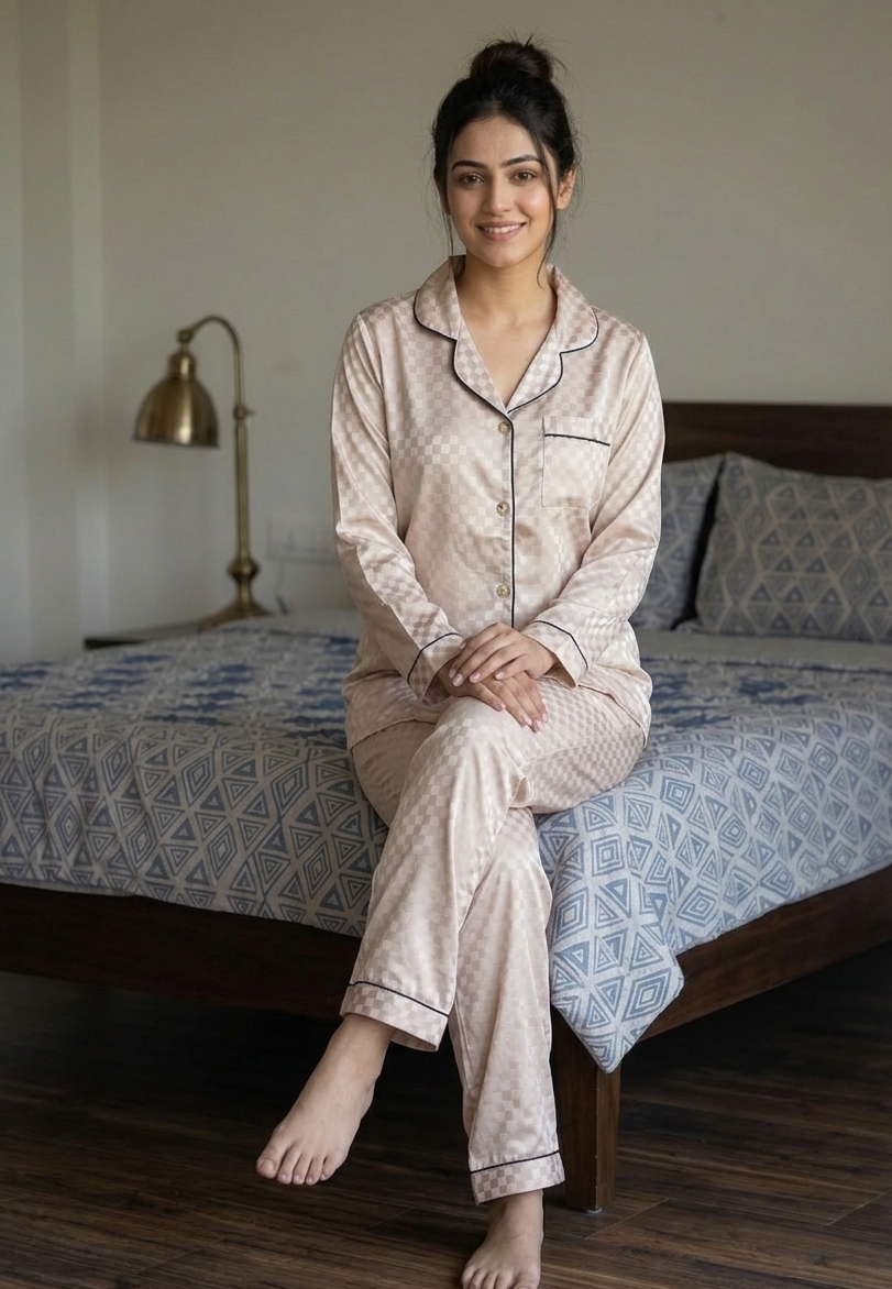 Beige Padded Pajama Set with In-Built Pads