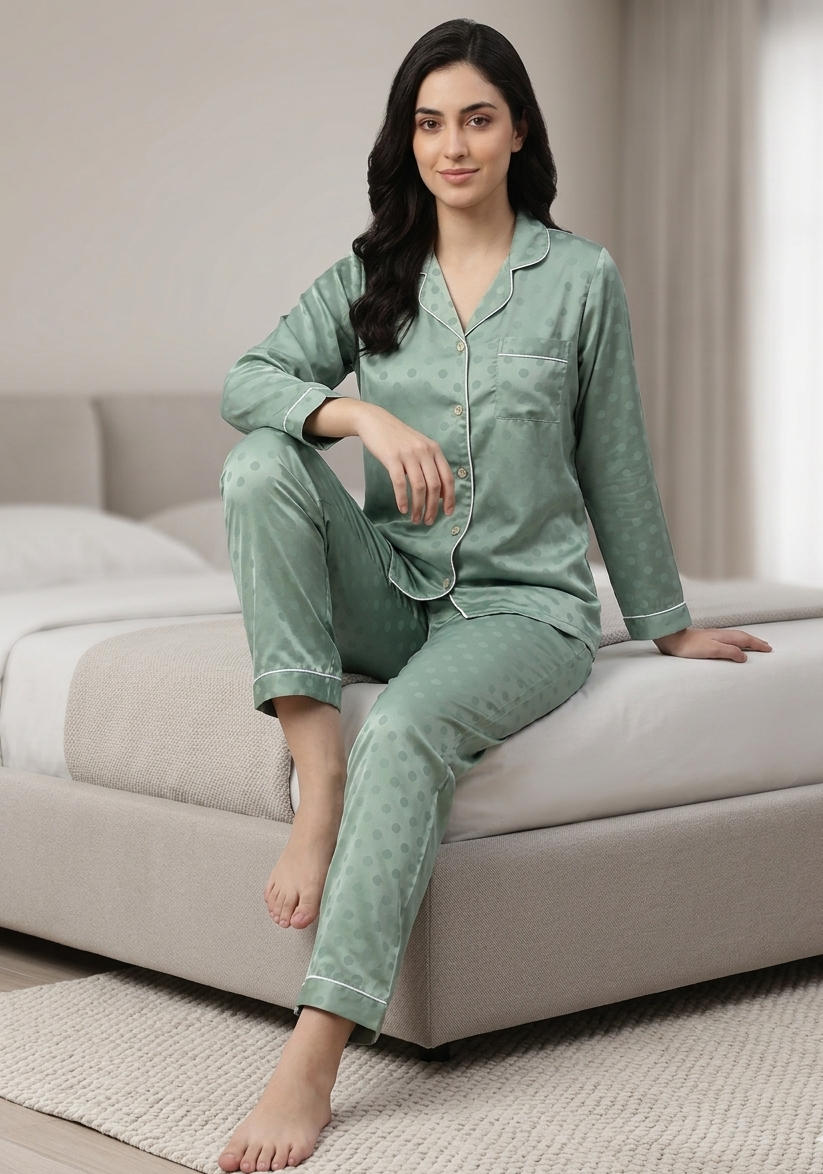 Green Polka Dot Satin Nightsuit