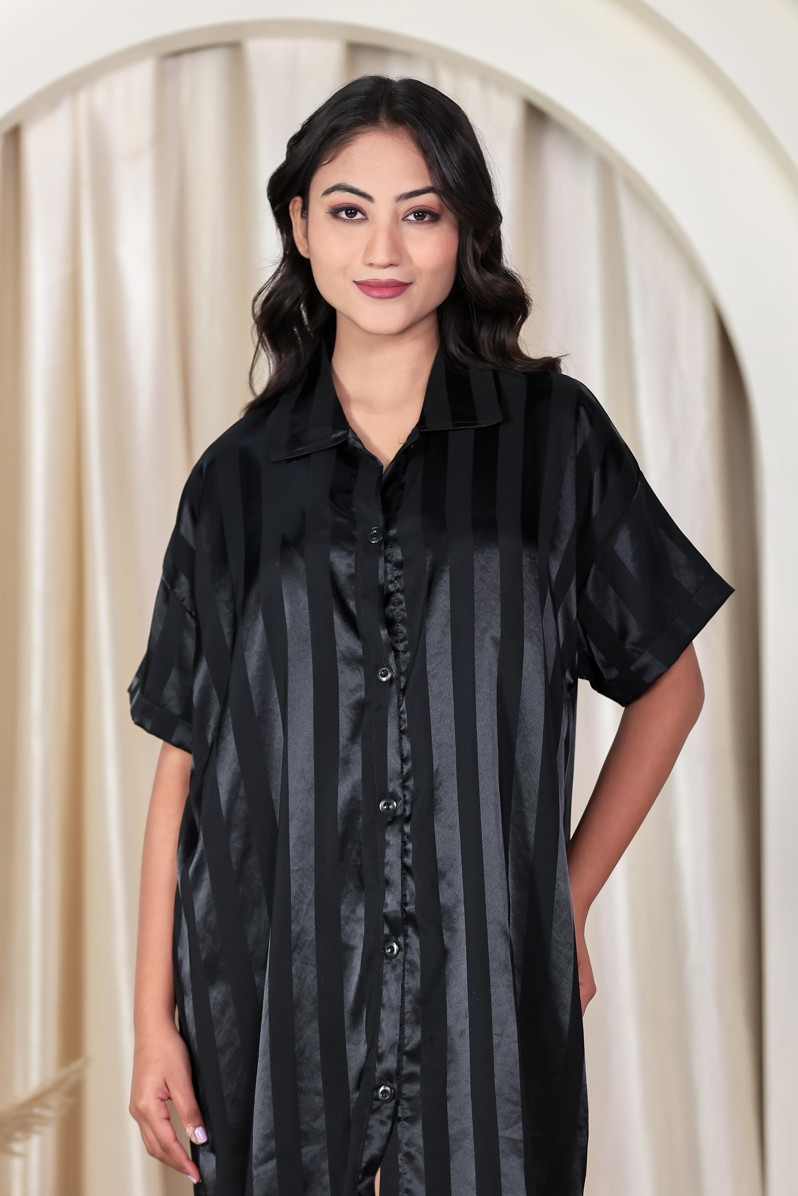 Black SilkStripe Shirt Dress